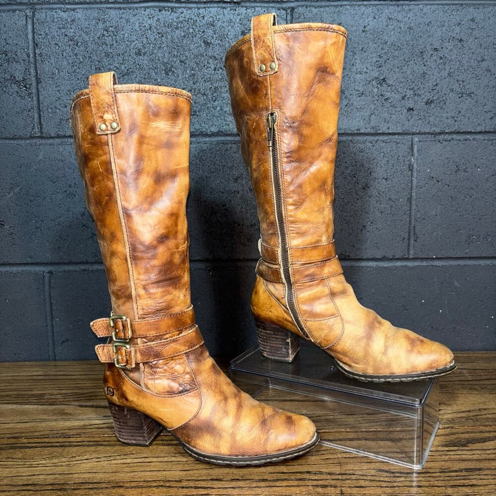 Born Tall Leather Riding Boots Women’s 6.5 Brown Distressed Buckle Zip Knee High